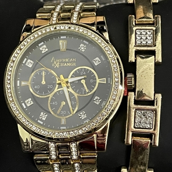 American Exchange Mens Metal Gold Watch & Bracelet Set New Gift - Picture 3 of 8